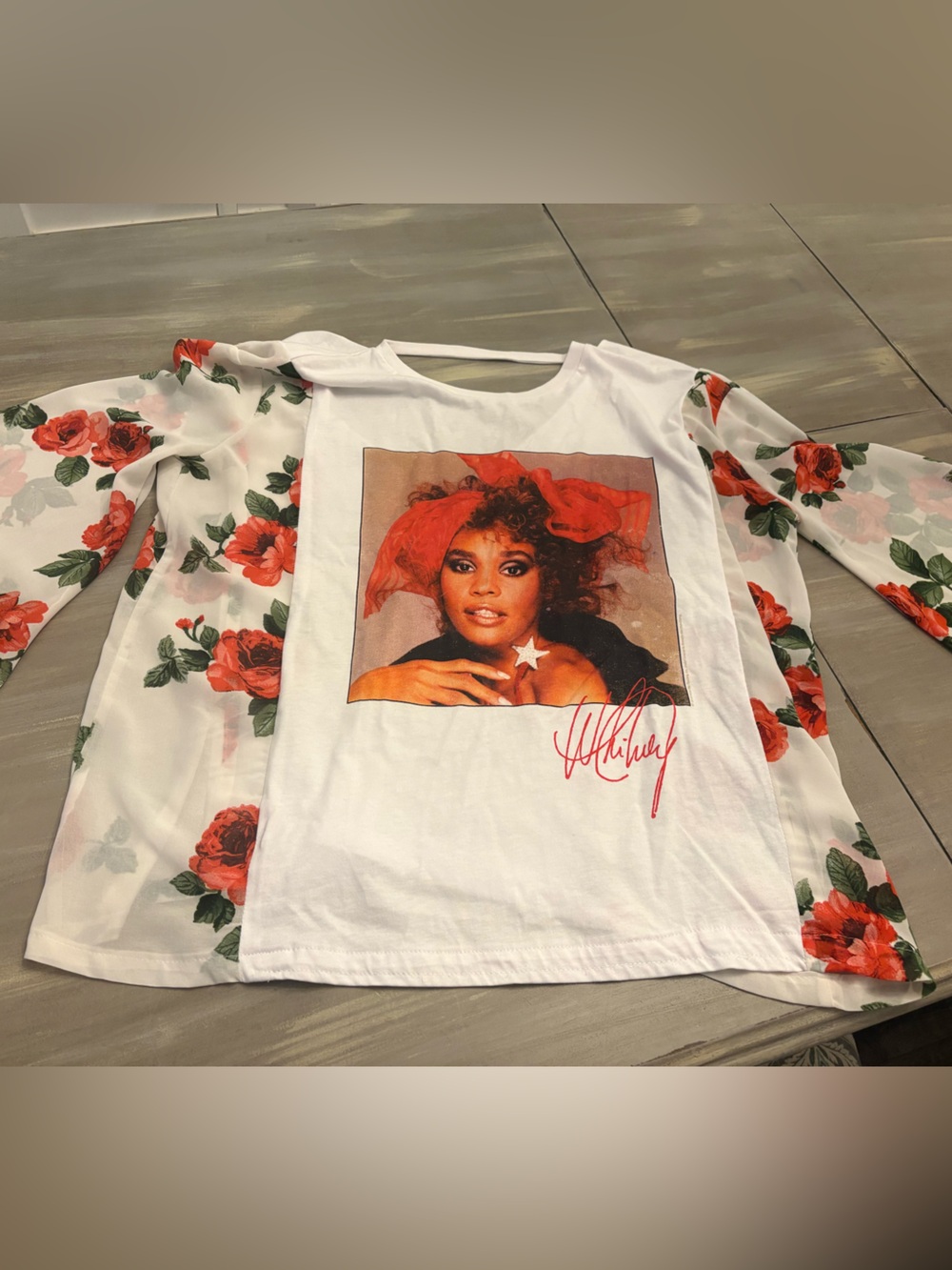 Whitney Houston Band Tee Floral Sleeve Graphic Top with Red Rose Print